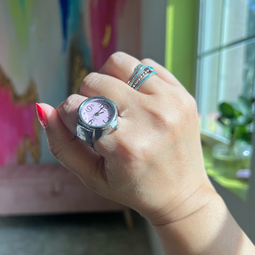 Silver Ring Watch with Pink Dial - Women Jewelry Rings